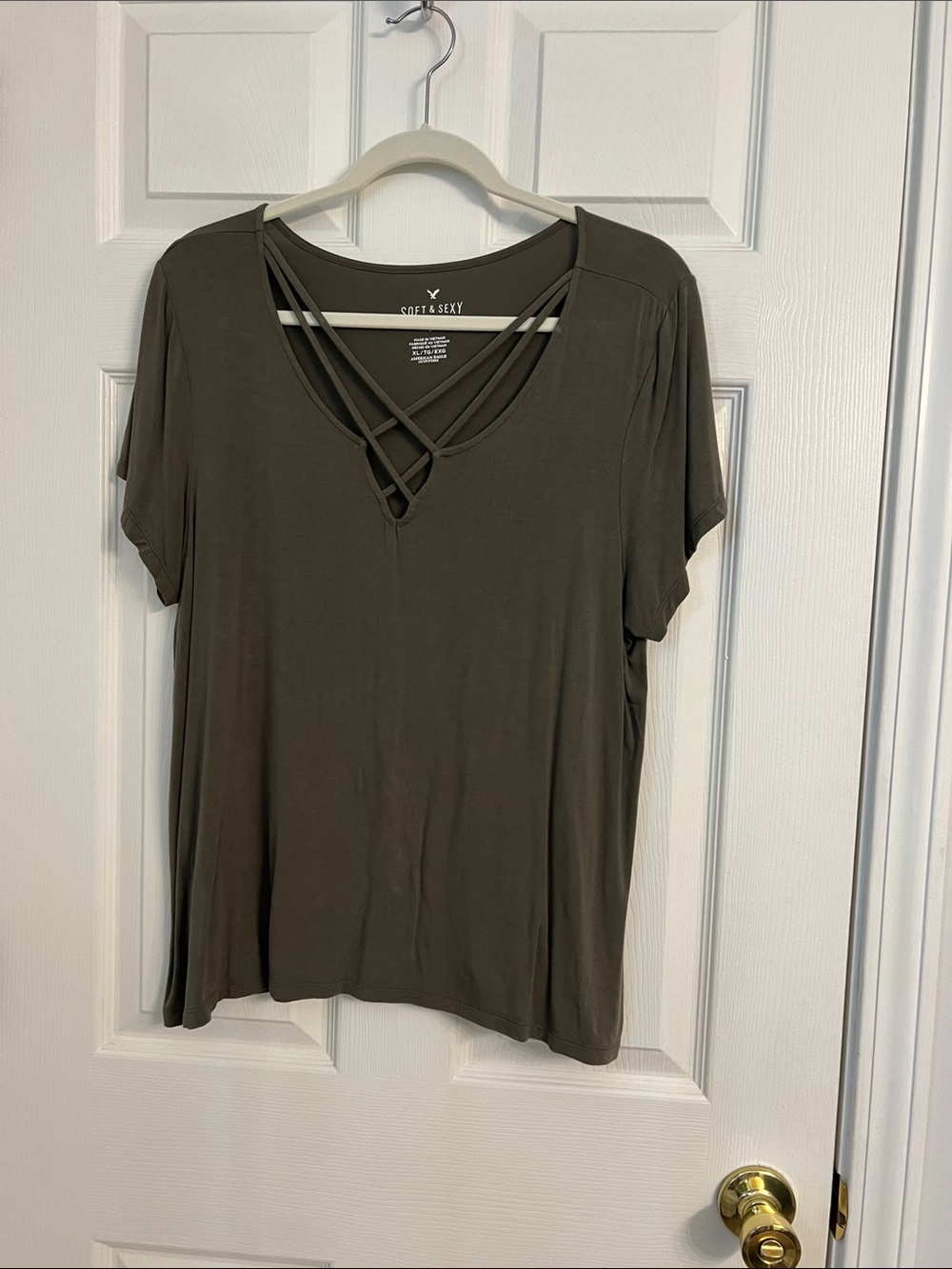 American Eagle Outfitters Olive Crisscross V-Neck Short Sleeve Top